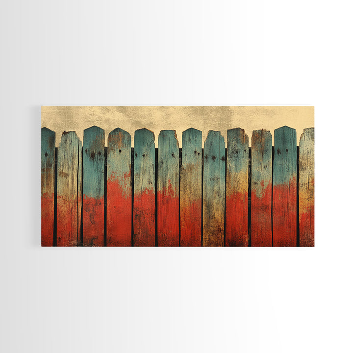 Weathered Teal And Red Wood Fence Canvas Print, Rustic Wall Art, Abstract Farmhouse Decor, Bold Country Wall Decor, Home Decor