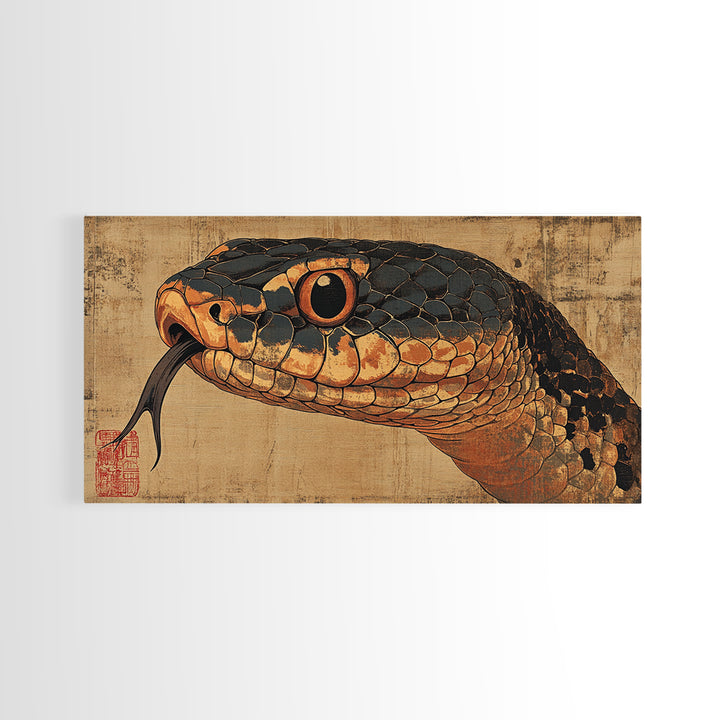 Black And Copper Snake Portrait Framed Canvas Print, Reptile Wall Art, Dark Animal Art, Gothic Nature Home Decor, Gift For Him