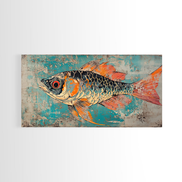 Orange And Teal Koi Fish Canvas Print, Japanese Wall Art, Coastal Animal Art, Vibrant Ocean Decor, Marine Life Print, Gift
