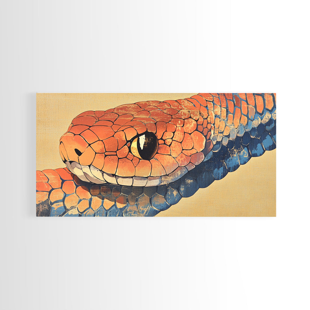 Orange And Blue Snake Closeup Framed Canvas Print, Reptile Wall Art, Wildlife Art, Bold Nature Decor, Masculine Home Decor