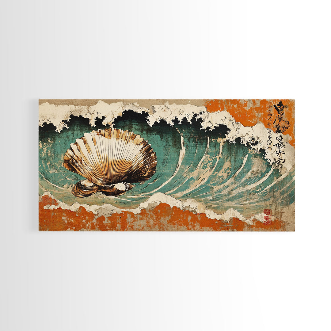 Scallop Shell In Crashing Wave Canvas Print, Japanese Coastal Wall Art, Nautical Ocean Decor, Seashell Art Print, Beach House Decor