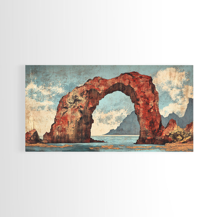Red Coastal Rock Arch Over Blue Sea Framed Canvas Print, Seascape Wall Art, Ocean Landscape, Beach House Decor, Coastal Decor