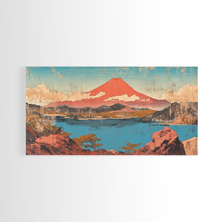 Red Mount Fuji Over Lake Framed Canvas Print, Japanese Wall Art, Landscape Art, Japandi Decor, Nature Wall Art, Home Decor