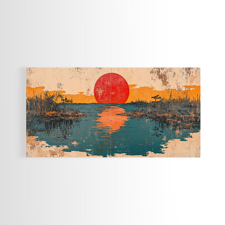 Red Sun Reflected In Marsh Water Canvas Print, Japanese Wall Art, Abstract Landscape, Zen Home Decor, Sunrise Wall Art, Japandi Decor