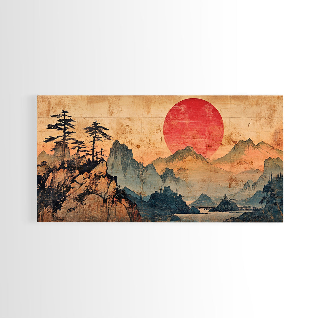 Red Sun Mountain Pines Wall Art, Japanese Landscape Canvas Print, Japandi Zen Home Decor, Asian Inspired Living Room Art
