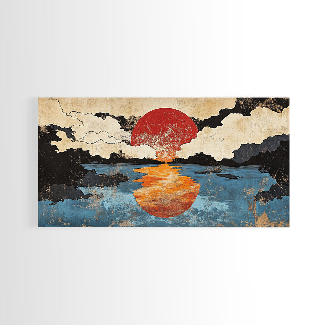Orange Sun Reflection Seascape Wall Art, Japanese Ocean Canvas Print, Moody Coastal Wall Decor, Abstract Sunset Art Print