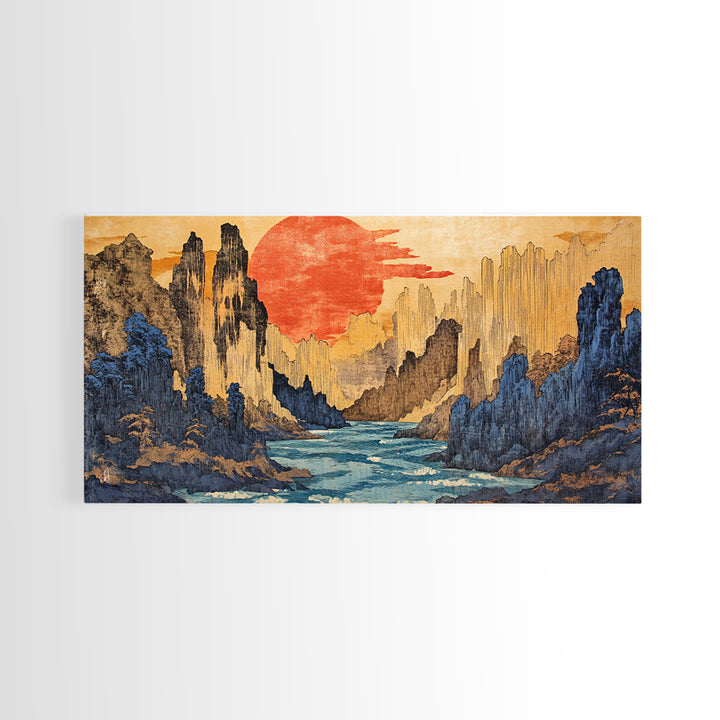 Red Sun Canyon River Wall Art, Japanese Landscape Canvas Print, Modern Japandi Decor, Dramatic Mountain Living Room Art Print