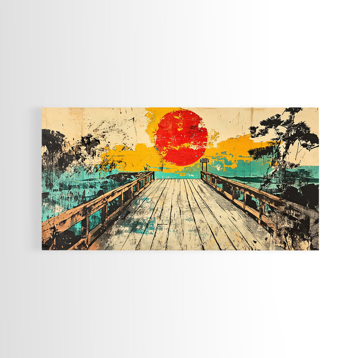 Sunset Pier Lake Wall Art, Japanese Landscape Canvas Print, Turquoise Coastal Decor, Retro Travel Poster For Living Room