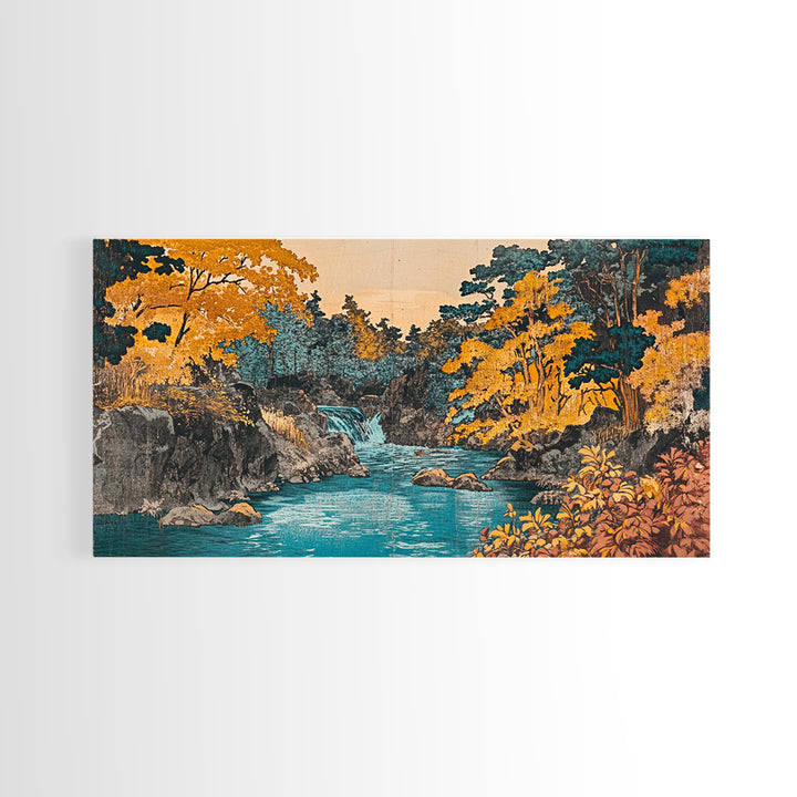 Autumn River Waterfall Wall Art, Japanese Landscape Canvas Print, Gold Forest Home Decor, Cozy Living Room Wall Art Print