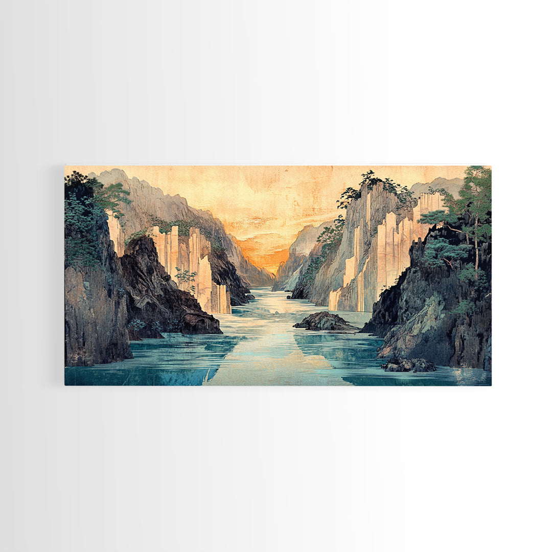 Misty Canyon River Wall Art, Japanese Landscape Canvas Print, Serene Mountain Decor, Panoramic Living Room Wall Art Print