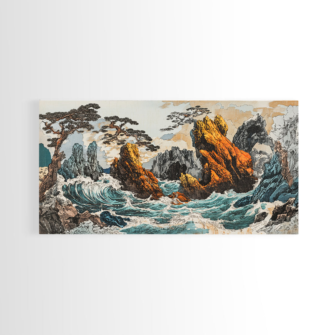 Dramatic Rocky Ocean Waves Framed Canvas Print, Japanese Seascape Wall Art, Coastal Landscape, Nautical Living Room Decor