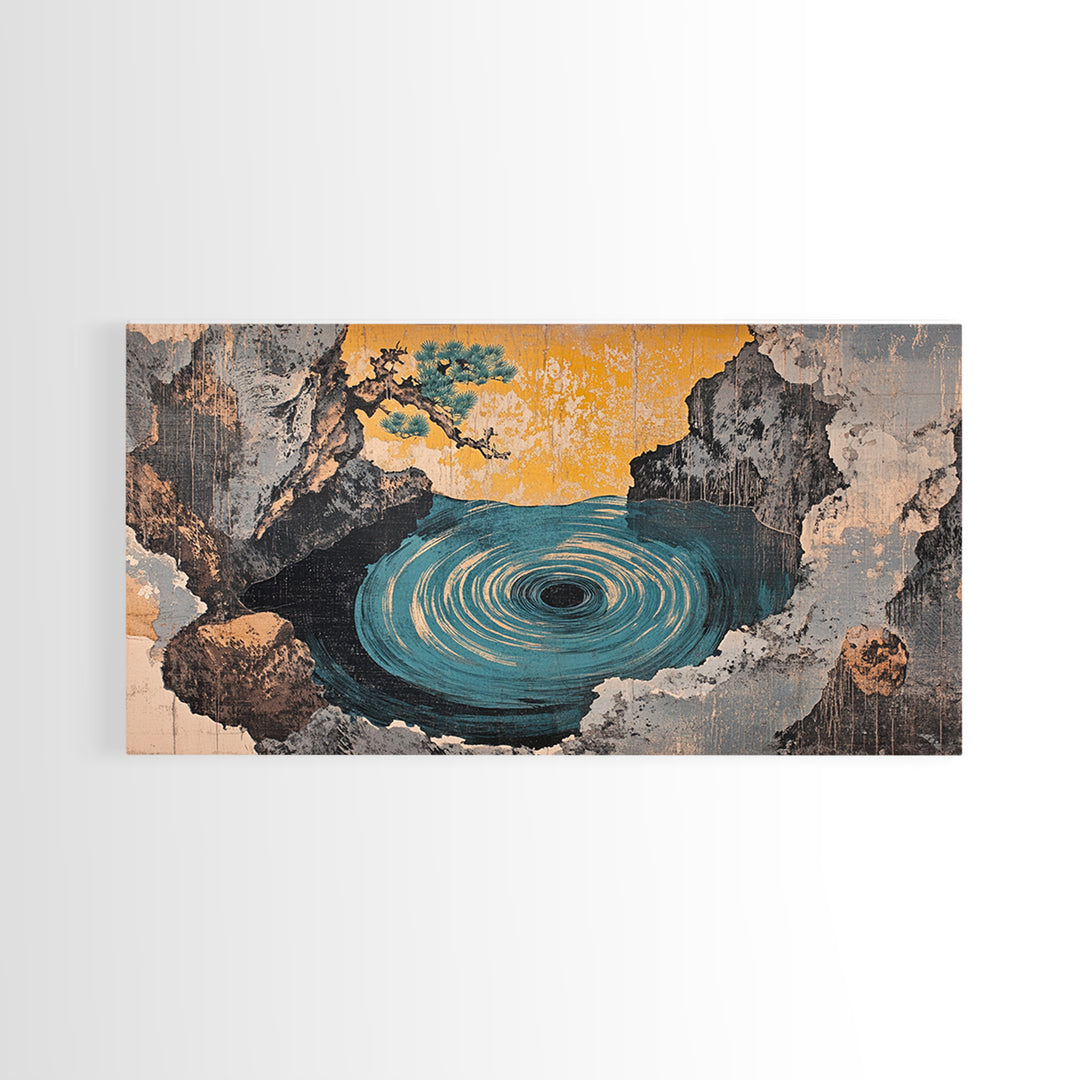 Mystic Ocean Whirlpool Cave Framed Canvas Print, Japanese Seascape Wall Art, Moody Coastal Decor, Fantasy Landscape Art Print