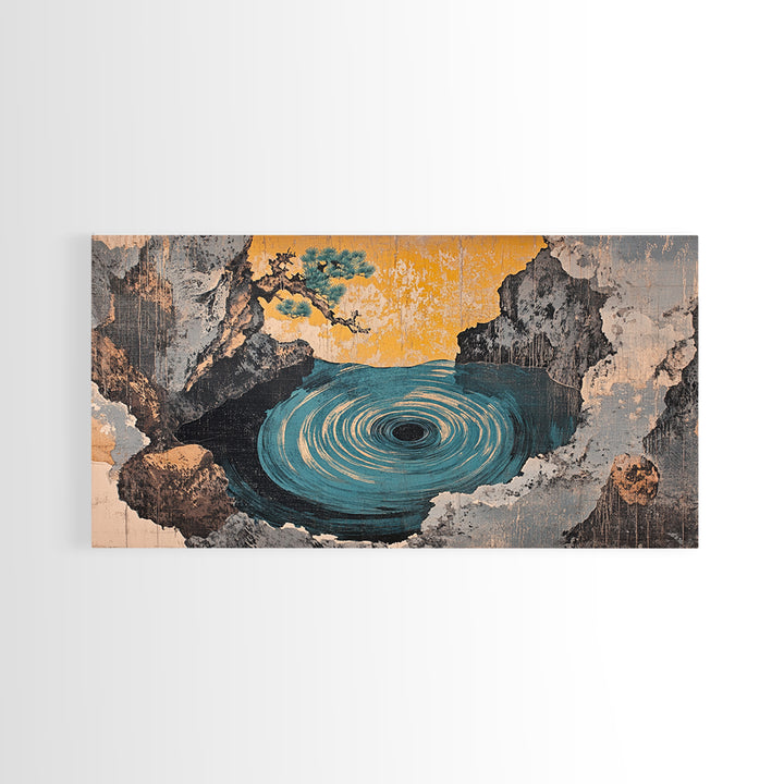 Mystic Ocean Whirlpool Cave Framed Canvas Print, Japanese Seascape Wall Art, Moody Coastal Decor, Fantasy Landscape Art Print