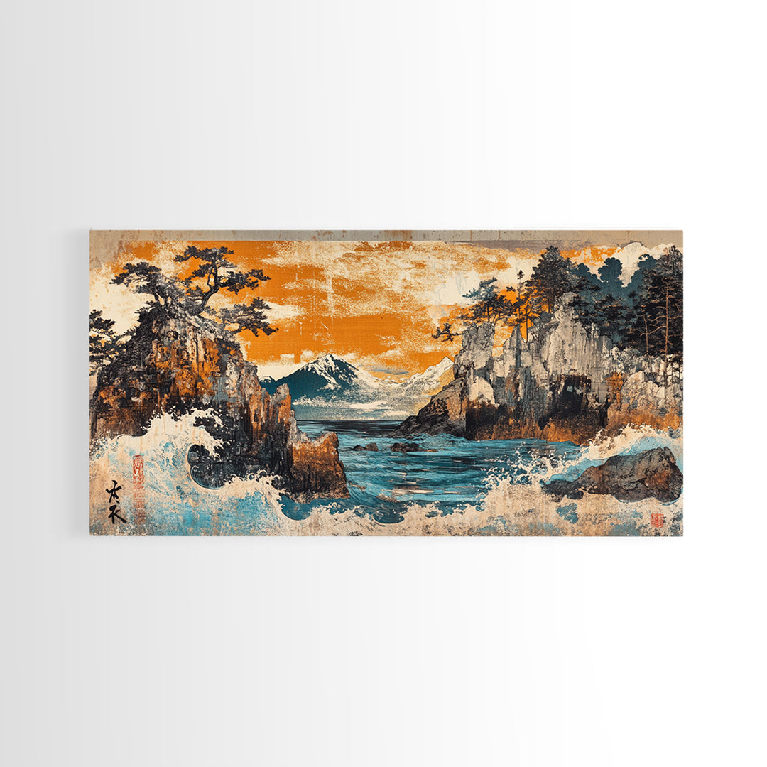 Mt Fuji Cliffs And Crashing Waves Framed Canvas Print, Japanese Wall Art, Coastal Landscape, Orange Sunset Living Room Decor