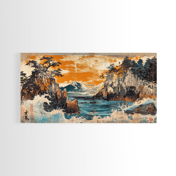 Mt Fuji Cliffs And Crashing Waves Framed Canvas Print, Japanese Wall Art, Coastal Landscape, Orange Sunset Living Room Decor