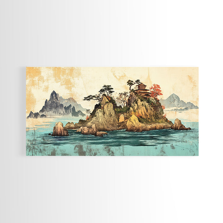 Island Pagoda And Mountain Sea Framed Canvas Print, Japanese Wall Art, Coastal Landscape, Zen Home Decor For Living Room