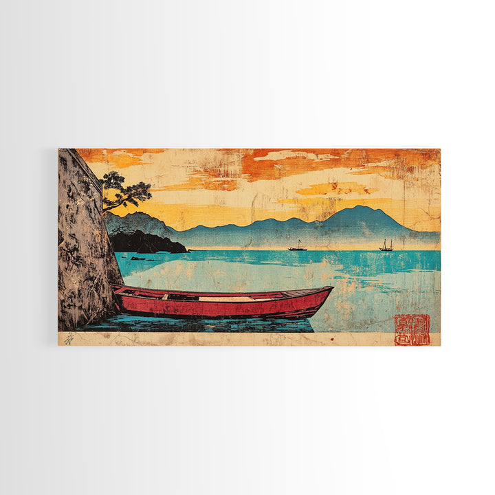 Red Boat On Turquoise Lake Framed Canvas Print, Japanese Landscape Wall Art, Orange Sunset Decor, Coastal Living Room Art