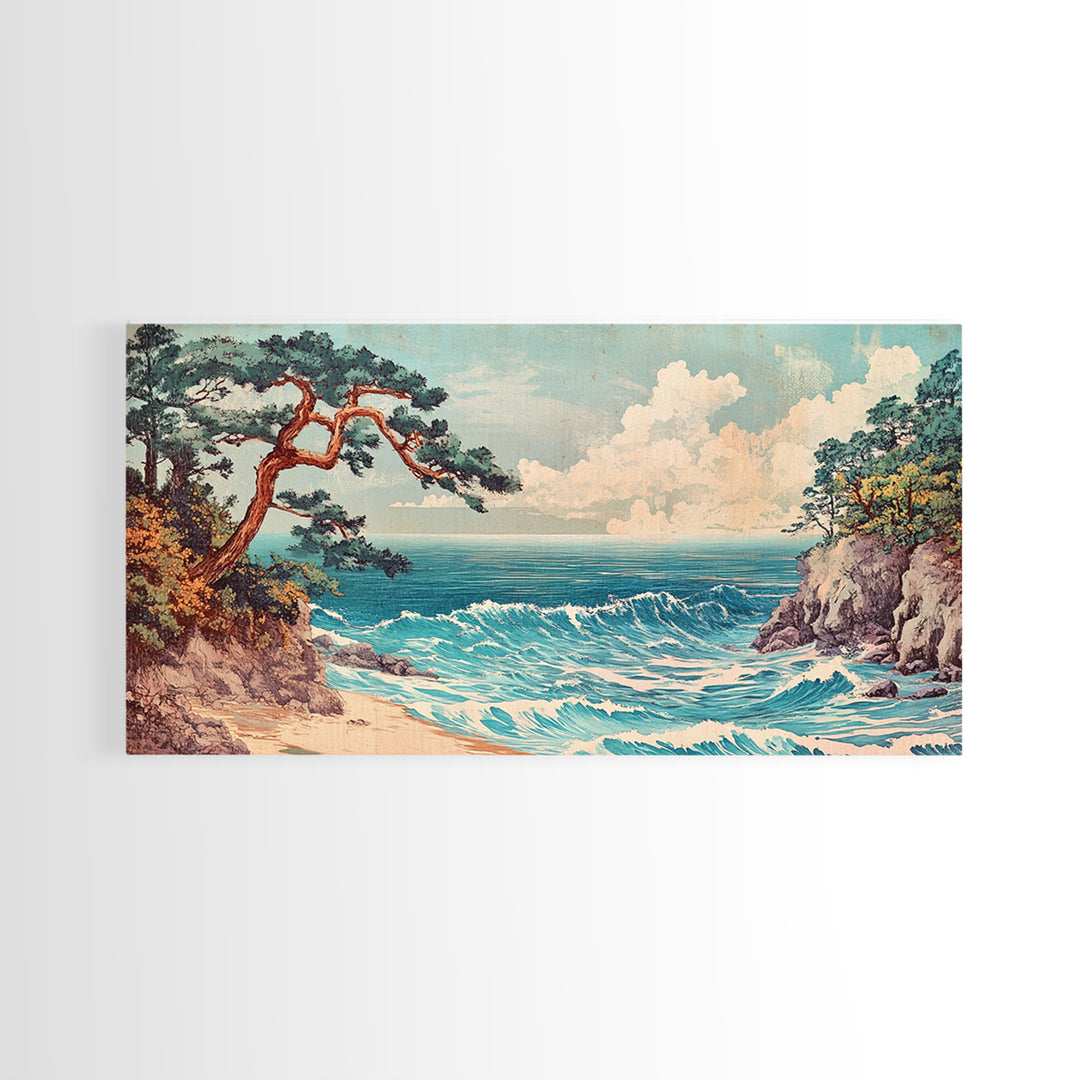 Pine Tree Coastal Cove Canvas Print, Japanese Seascape Wall Art, Ocean Waves, Beach House Decor, Calming Living Room Art