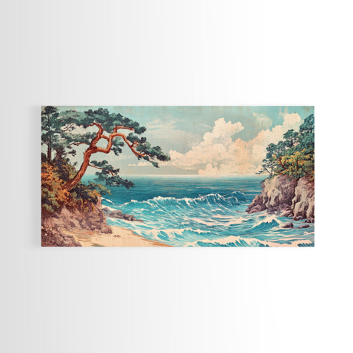Pine Tree Coastal Cove Canvas Print, Japanese Seascape Wall Art, Ocean Waves, Beach House Decor, Calming Living Room Art