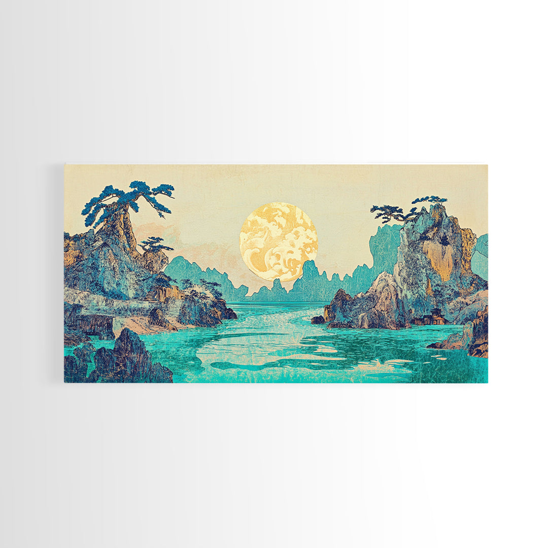 Golden Moon Tropical Seascape Framed Canvas Print, Japanese Wall Art, Coastal Landscape, Celestial Ocean Living Room Decor