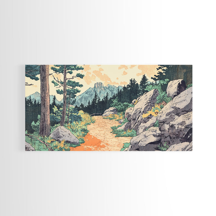 Mountain Forest Trail Framed Canvas Print, Japanese Landscape Wall Art, Pine Tree Nature Decor, Rustic Living Room Art Print
