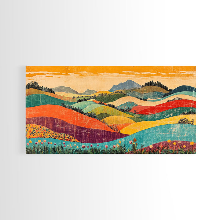 Colorful Rolling Hills And Wildflower Valley Wall Art, Modern Landscape Art Print, Boho Living Room Decor, Housewarming Gift