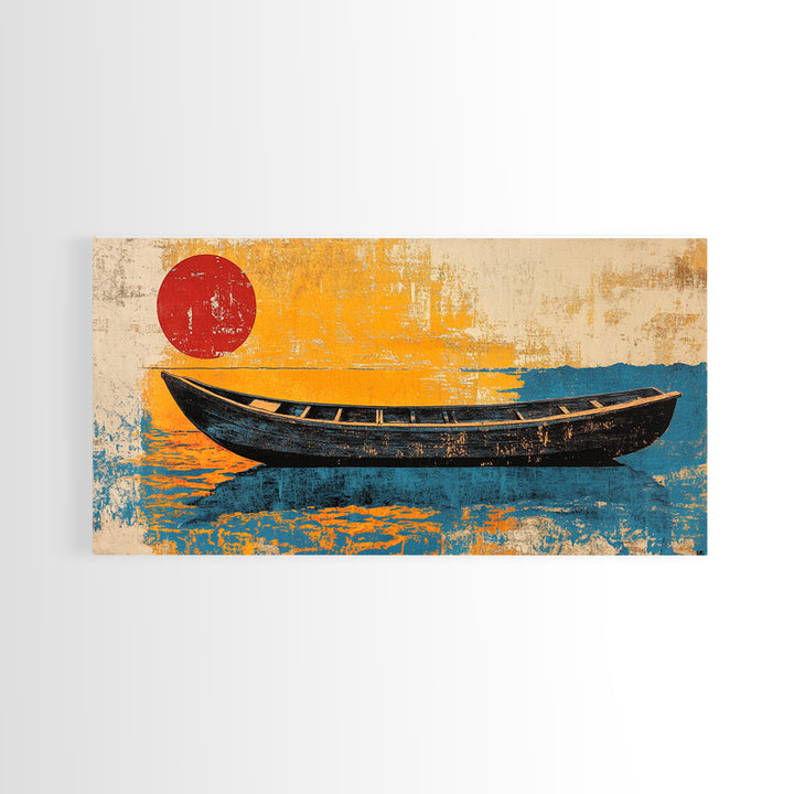 Black Canoe Red Sun Canvas Print, Minimalist Coastal Wall Art, Japanese Nautical Decor, Beach House Ocean Living Room Print