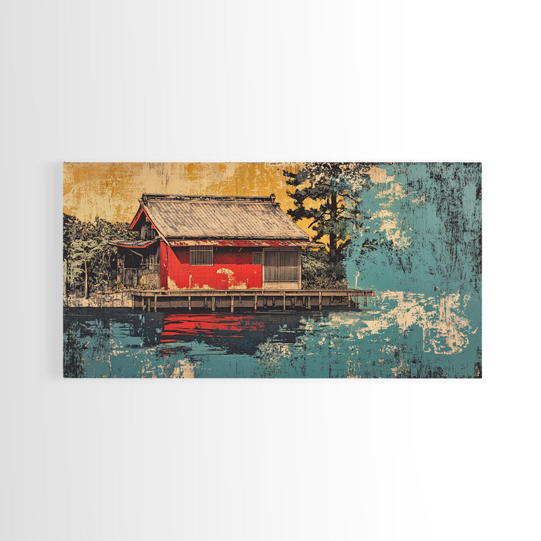 Red Lakeside Japanese House And Reflection Wall Art, Tranquil Water Canvas Print, Japandi Decor, Asian Inspired Living Room Art