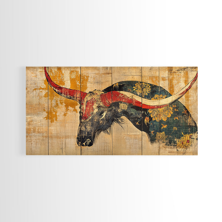 Longhorn Bull Horns Wall Art, Rustic Western Canvas Print, Southwestern Ranch Decor, Masculine Living Room Statement Art