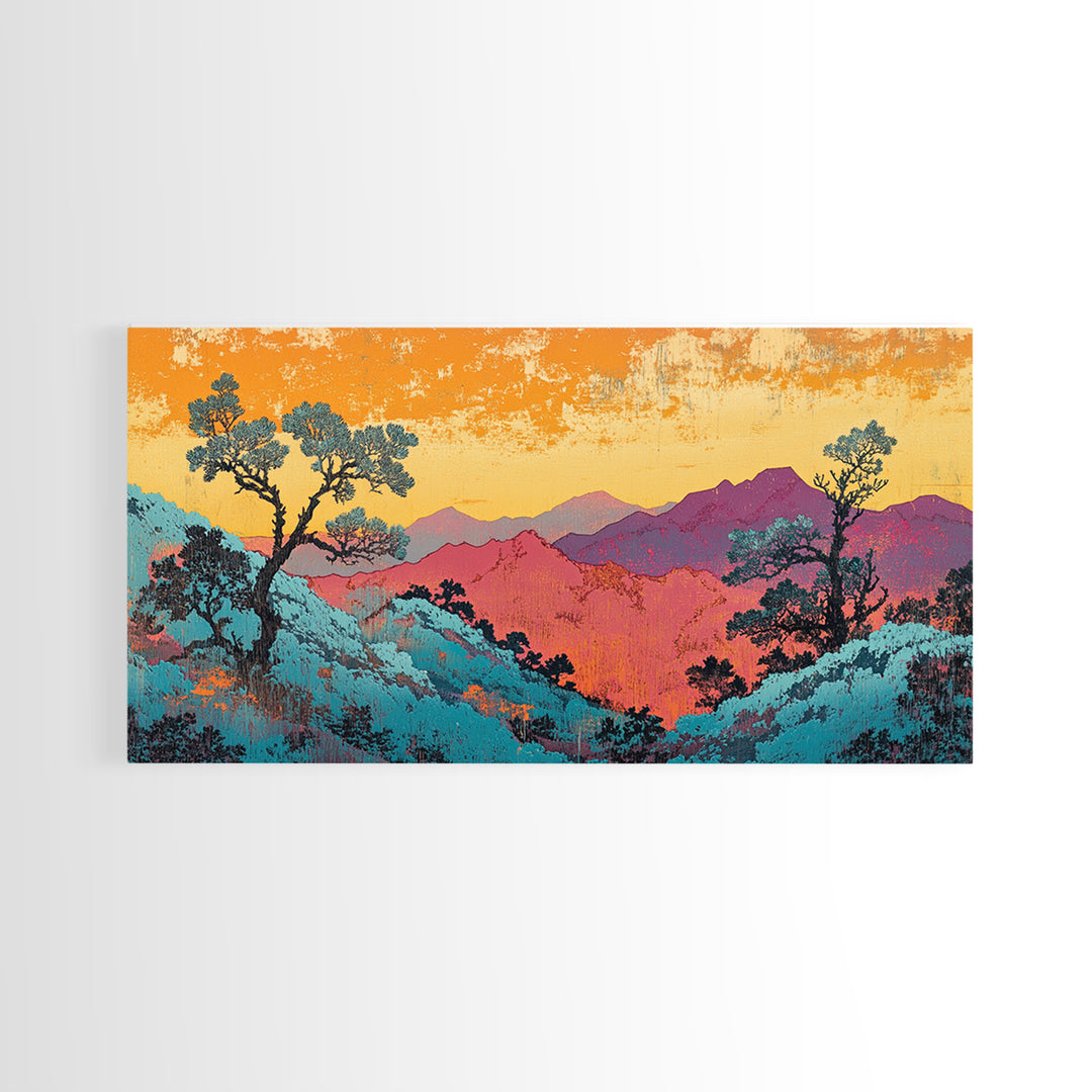 Teal And Purple Mountain Sunset Wall Art, Colorful Landscape Canvas, Southwestern Decor, Large Living Room Art Print, Housewarming Gift