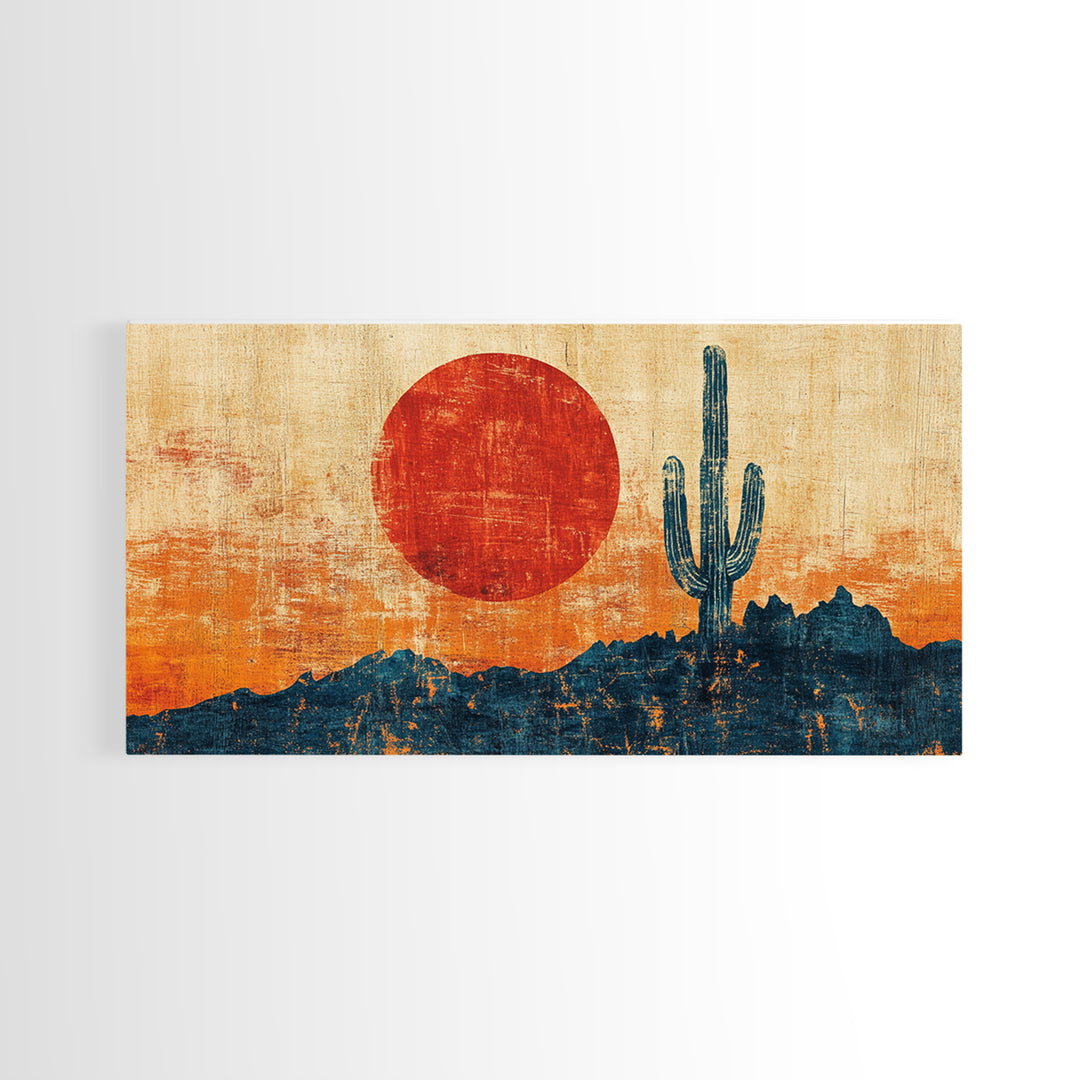 Red Sun Saguaro Cactus Desert Canvas Print, Southwestern Wall Art, Boho Western Decor, Rustic Living Room Statement Gift
