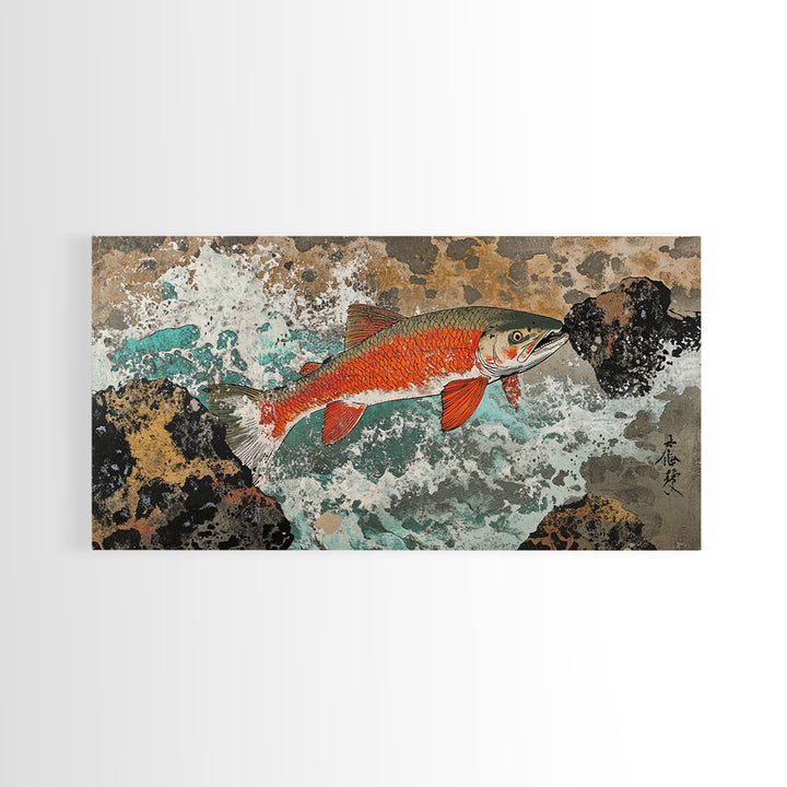 Red River Fish Among Rocks Framed Canvas Print, Japanese Gyotaku Wall Art, Nautical Wildlife Decor, Angler Lake House Gift