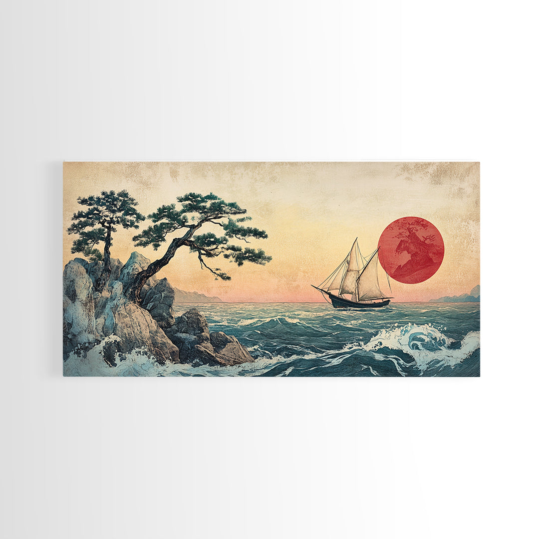 Japanese Sailboat And Red Sun Canvas Print, Coastal Wall Art, Ukiyo E Style Ocean Decor, Asian Inspired Art, Home Decor, Travel Poster