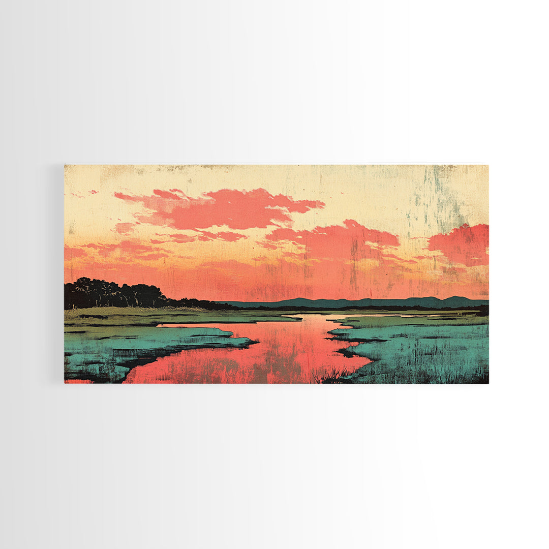 Coral Sunset Marsh Landscape Wall Art, Abstract Landscape Print, Teal Living Room Decor, Modern Coastal Home Decor, Large Wall Art