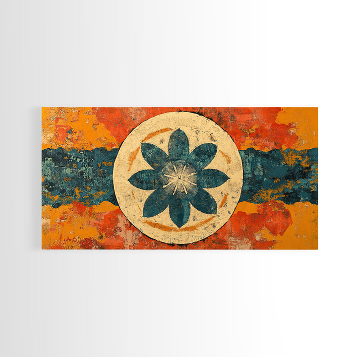 Teal Lotus Flower Circle Wall Art, Retro Abstract Canvas Print, Mid Century Modern Decor, Orange Blue Zen Home Decor, Statement Artwork