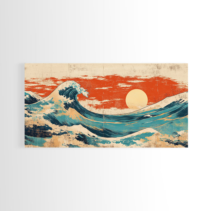 Japanese Great Wave Canvas Print, Red Sunset Ocean Wall Art, Ukiyo E Inspired Seascape, Coastal Living Room Decor, Home Decor