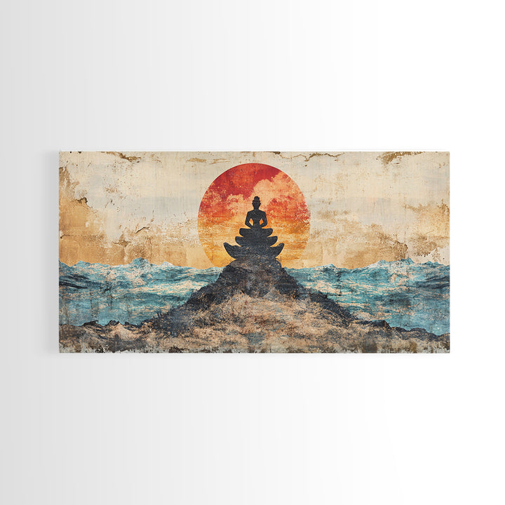 Buddha Meditation On Ocean Rocks Wall Art, Zen Canvas Print, Spiritual Decor, Mindfulness Art, Yoga Room Wall Decor, Calming Wall Art