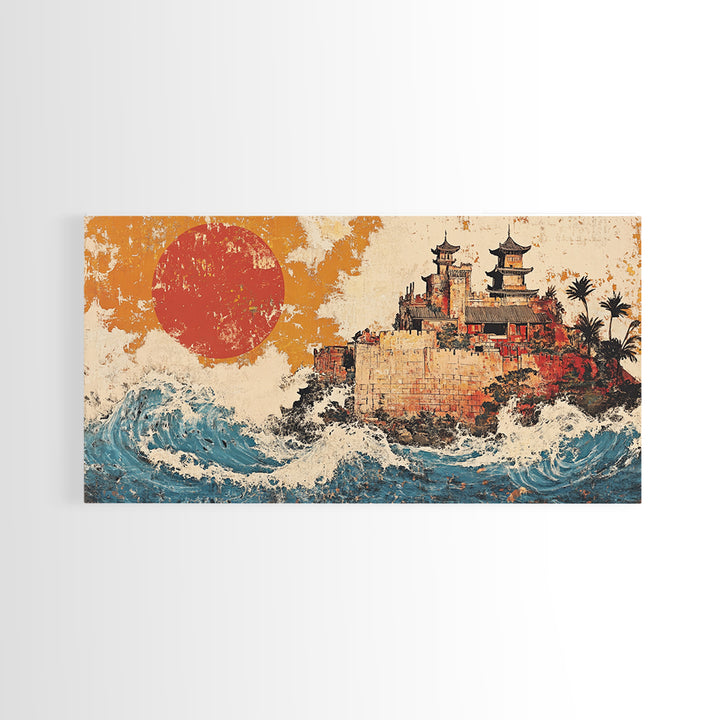 Asian Coastal Castle With Red Sun Canvas Print, Japanese Wall Art, Ocean Waves, Travel Poster, Statement Home Decor, Large Wall Art