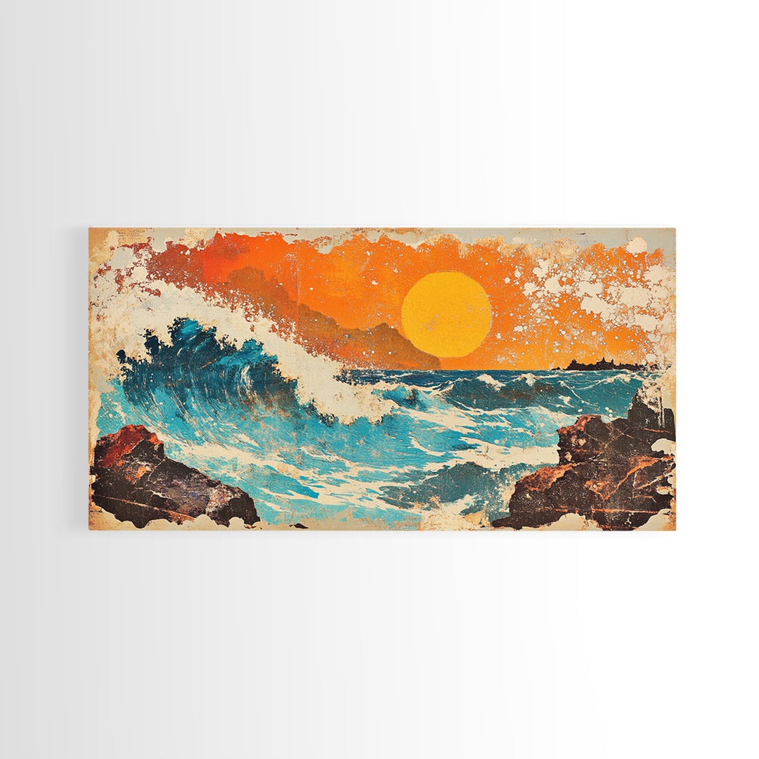 Rocky Ocean Sunset Wave Wall Art, Abstract Seascape Canvas Print, Coastal Living Room Decor, Beach House Home Decor, Large Wall Art