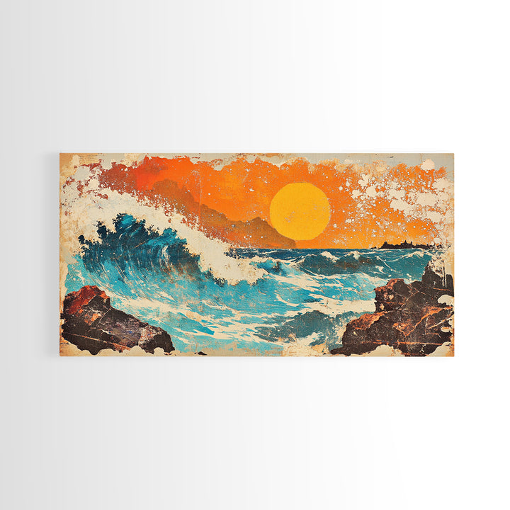 Rocky Ocean Sunset Wave Wall Art, Abstract Seascape Canvas Print, Coastal Living Room Decor, Beach House Home Decor, Large Wall Art