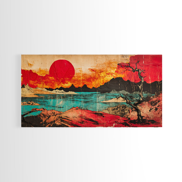 Red Sun Mountain Lake Wall Art, Japanese Sunset Landscape Canvas Print, Bold Desert Decor, Modern Living Room Statement Art