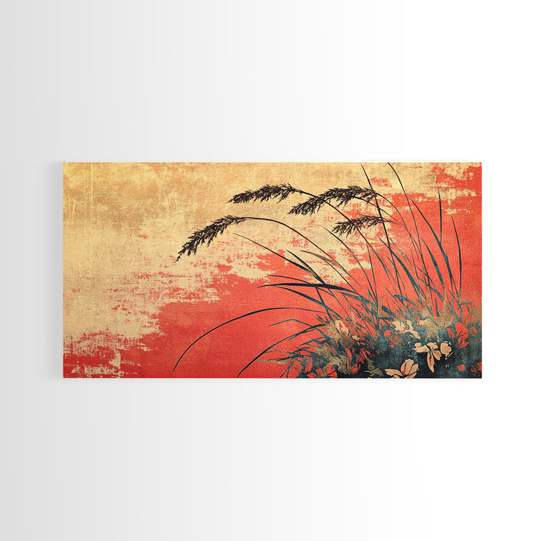 Red Sunset Grassland Wall Art, Botanical Landscape Canvas Print, Rustic Nature Decor, Warm Earth Tone Modern Living Room Art
