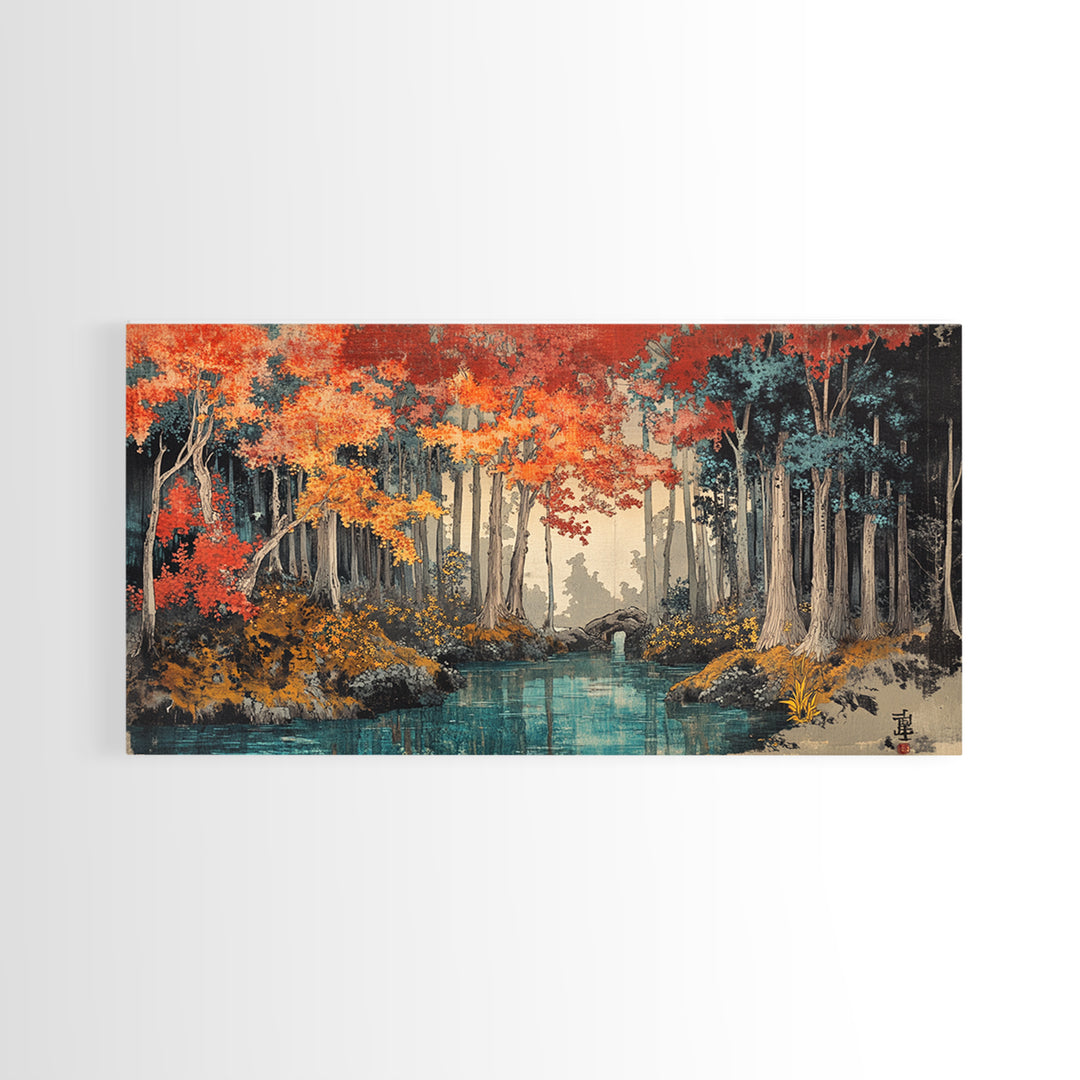 Autumn Forest River Wall Art, Japanese Landscape Canvas Print, Moody Woodland Decor, Large Living Room Wall Decor, Above Sofa Art