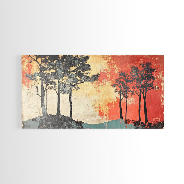 Silhouette Trees With Red Sky Wall Art, Abstract Landscape Canvas Print, Modern Rustic Decor, Wide Horizontal Wall Art Print
