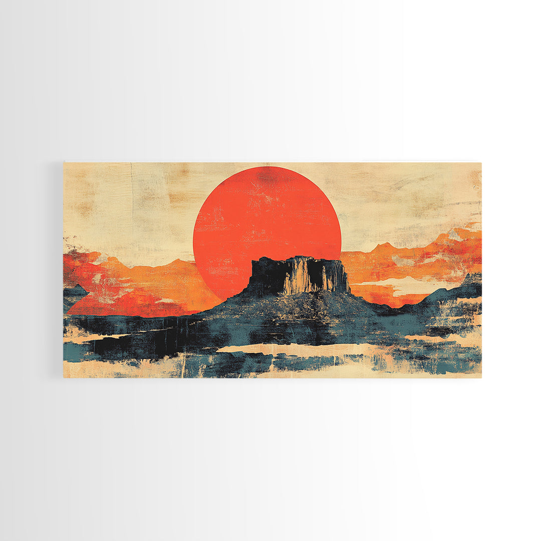 Desert Mesa Red Sun Wall Art, Southwestern Landscape Canvas Print, Modern Western Decor, Large Horizontal Living Room Art