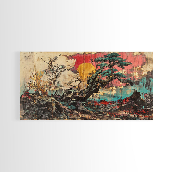 Ancient Pine Tree Sunset Over Misty Rocks Wall Art, Japanese Landscape Print, Zen Nature Decor For Calm Living Room Decor, Home Decor