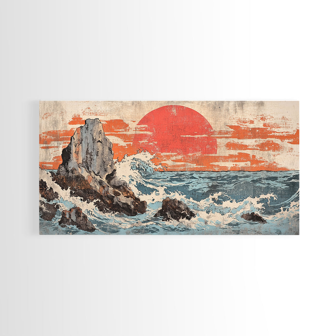 Rocky Ocean Cliffs With Red Sun And Crashing Waves Canvas Print, Japanese Coastal Wall Decor, Large Seascape Art, Living Room Wall Art