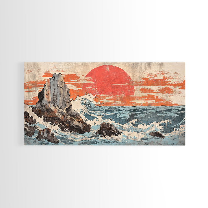 Rocky Ocean Cliffs With Red Sun And Crashing Waves Canvas Print, Japanese Coastal Wall Decor, Large Seascape Art, Living Room Wall Art