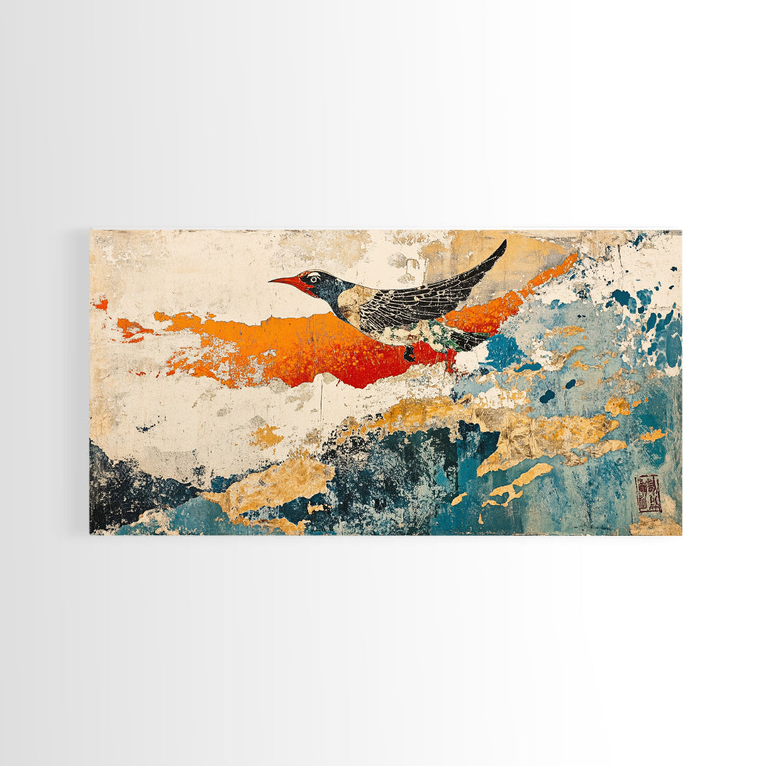 Black And White Bird In Orange Blue Abstract Sky Wall Art, Japanese Nature Print, Whimsical Animal Decor For Home Decor