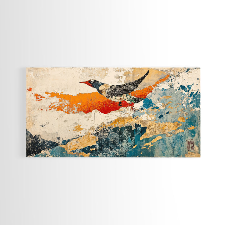 Black And White Bird In Orange Blue Abstract Sky Wall Art, Japanese Nature Print, Whimsical Animal Decor For Home Decor